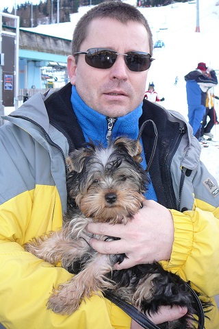 Bright Eyed Hiro Fred - yorkshire terrier | The skiers. We assess the terrain. The snow very height, the only reason I'm on his lap.